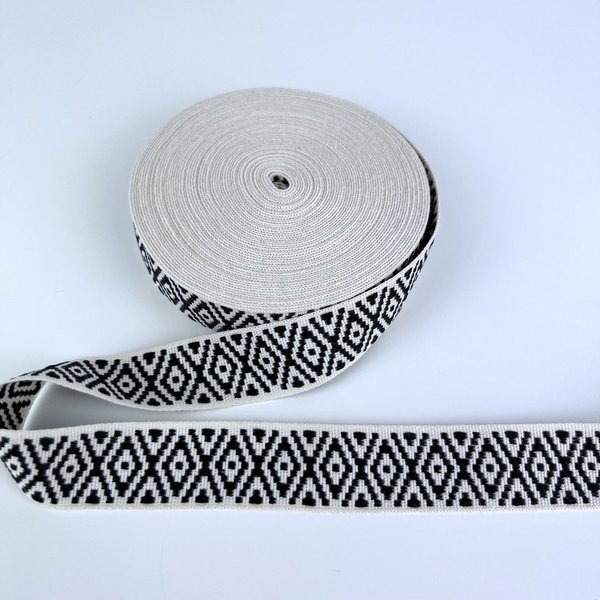 Webband Grosgrain Ribbon Ethnic Rhombus Ecru - Schwarz 2,5cm